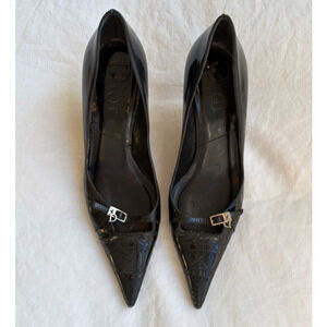 Vintage Dior Monogram Charm Logo Quilted Patent Leather Pointy Toe Heels Black